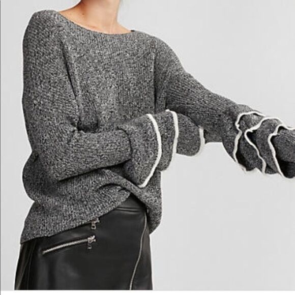 Express Gray and White Sweater with Ruffle Sleeves - Picture 1 of 11
